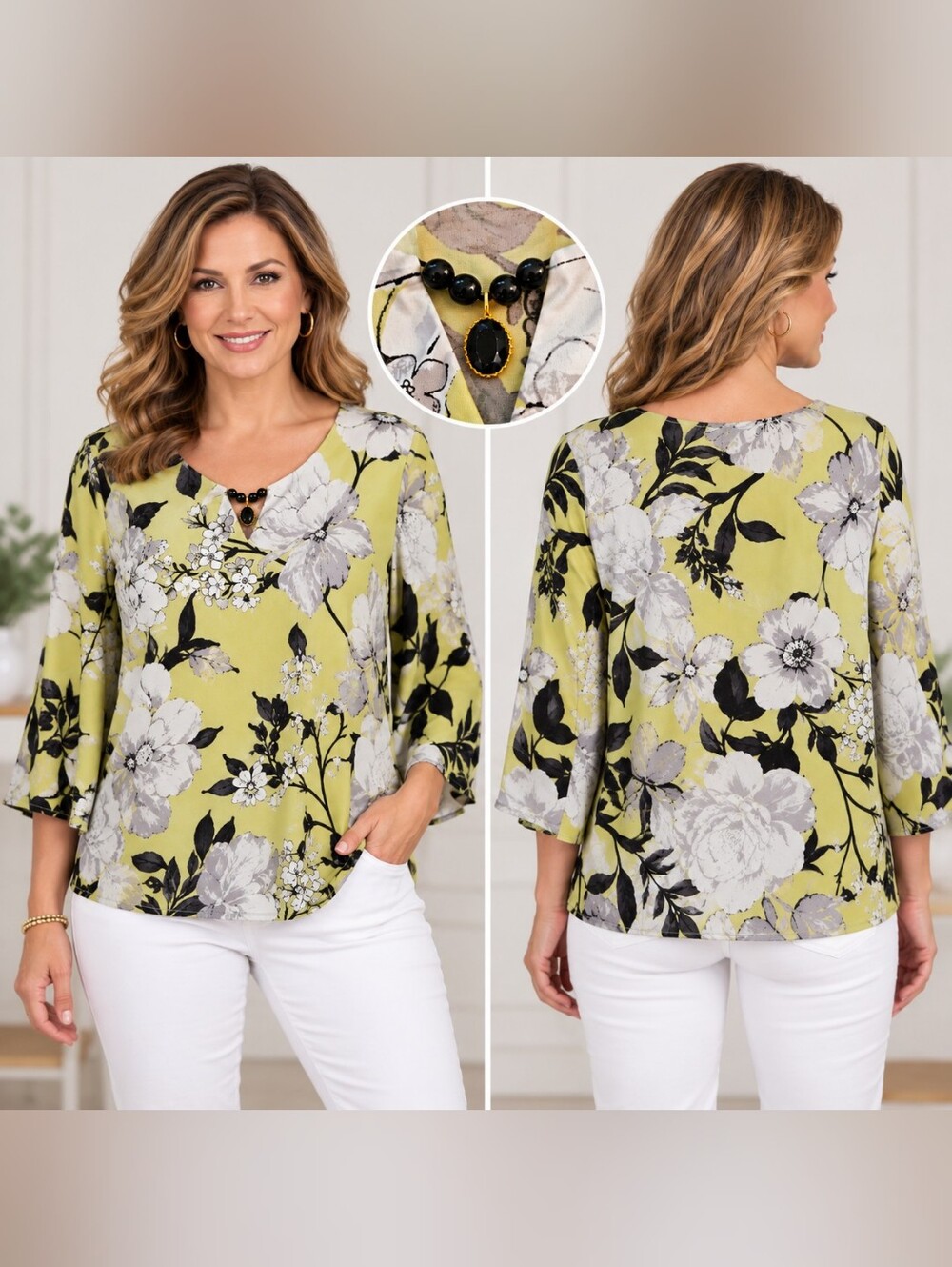 SARA MICHELLE XL Floral Top Pear Green Black Gray Beaded Neck 3/4 Sleeve